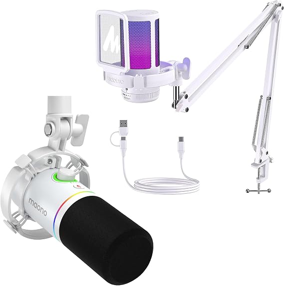 MAONO Gaming Microphone, Noise Cancellation mic with Mute, Gain, Monitoring for Streaming, Podcast, Twitch, YouTube, Discord, PC, Computer, PS4, PS5, Mac(White)
