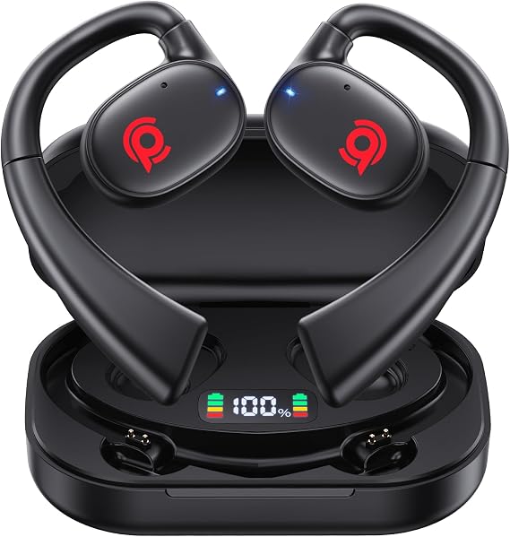 Open Ear Bluetooth Headphones Stereo Sound Clear Call Air-Conduction Wireless Charging Case LED Digital Display Ear Hook Earbuds Headset with Microphone Waterproof Earphones for Sport Workout Running