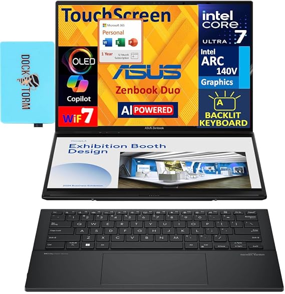 ASUS Zenbook Duo AI Powered 2-in-1 Laptop 14.0" Touchscreen OLED 2.8K Display (Intel Ultra 7-255H, 32GB LPDDR5X, 1TB SSD, Backlit KB, Win 11 Home) w/MS 365 Personal, DKZ USB Port Expander