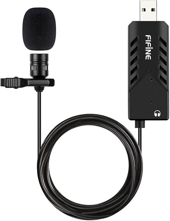 FIFINE USB Lavalier Lapel Microphone, Clip-on Cardioid Condenser Computer Mic Plug and Play USB Microphone with Sound Card for PC and Mac-K053