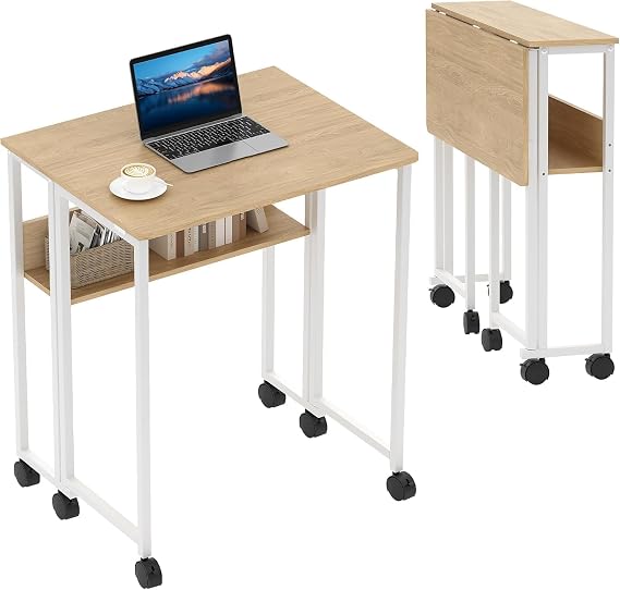 63cm Folding Desk, Space-Saving Foldable Computer Table with Metal Frame & Storage Shelf, Small Computer Desk on Wheels, Sturdy Home Writing Workstation for Small Space