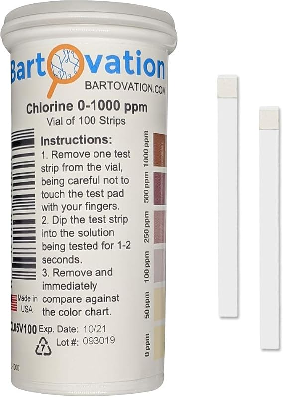 Free Chlorine/Bleach Test Strips, 0-1000 ppm, 100 Strips | Made in USA, for daycares, senior homes, and cruise lines sanitation requirements