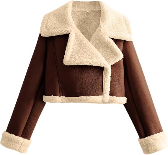 utcoco Womens Leather Jacket Faux Fur Moto Jacket Winter Trench Coat Cropped Shearling Jacket