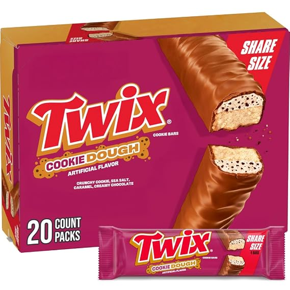 TWIX Cookie Dough Candy Bars, Bulk Chocolate Candy, Share Size, 20 Individually Wrapped Bars, Crunchy Cookie Dough with Caramel in Milk Chocolate, Perfect for Bulk Snacks, Parties, Gifts, and Movies