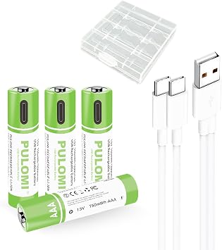 PULOMI USB Lithium ion Rechargeable AAA Battery, High Capacity 1.5V 550mWh Rechargeable AAA Battery, 1 H Fast Charge, 1200 Cycle with Type C Port Cable, Constant Output,4-Pack