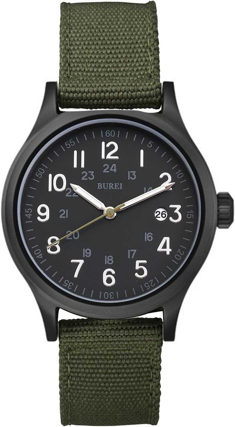 BUREI Men's Watch, Military Watch, Analog Luminous Pointer Quartz Waterproof Men WatchGreen-Black