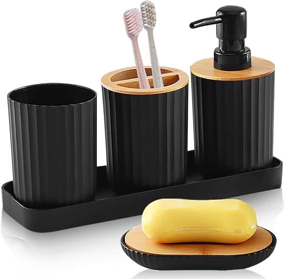 Plastic Black Bathroom Accessories Set,Toothbrush Holders For Bathroom,With Soap Dispenser,Bathroom Toothbrush Holder Set,Bathroom Soap Dispenser Set With Soap Dish,Desktop Tray,Bathroom Decor