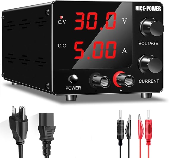 NICE-POWER DC Power Supply Variable, 30V 5A Adjustable Switching Regulated Power Supply with Encoder, Upgraded 3-Digits LED Display, Electroplating DIY LED Test Mini Regulated DC Bench Power Supply