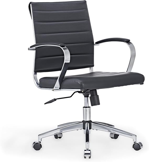 Mid-Century Modern Black Leather Office Chair with armrests, Adjustable Swivel Desk Chair for Home Office, Ergonomic Executive Chair