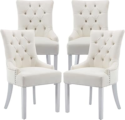 Mid Century Modern Dining Room Chairs Set of 4 Velvet Accent Chairs Upholstered Parsons Chair Side Host Chair for KitchenLiving RoomBedroom, Cream wWhite Legs