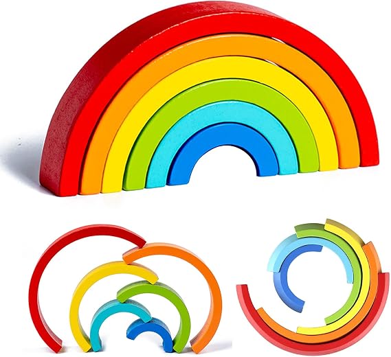 Kiuiom Rainbow Stacking Toys,Wooden Rainbow Stacker,Nesting Puzzle Blocks Building,Early Learning Sensory Stacking Toys,Blocks Educational Toy For Kids,Montessori Geometry Building Blocks