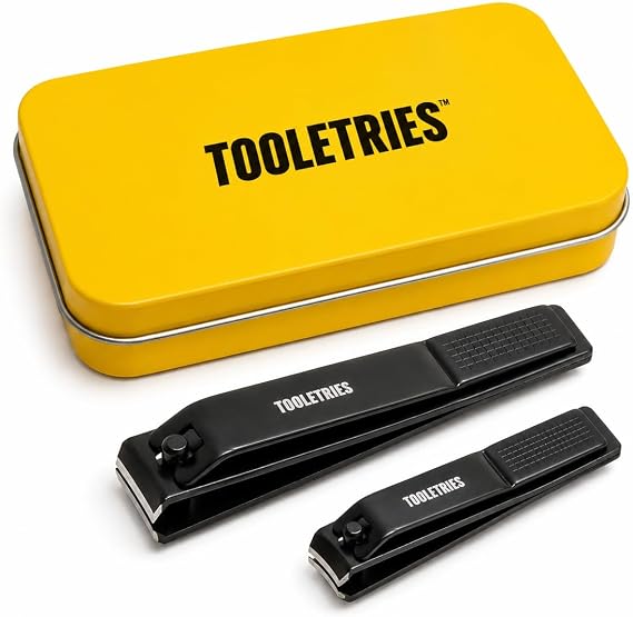 TOOLETRIES Premium Nail Clipper Kit with Travel Tin - Black | Premium grooming kit featuring stainless steel finger & toenail clippers in a reusable tin: for home, travel & gifting.