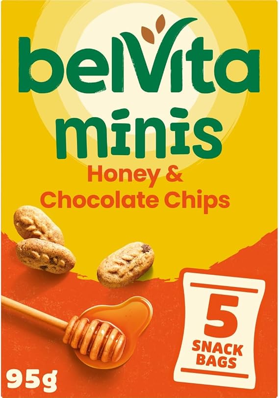 Belvita Minis, Honey & Chocolate Chips, 5 Snack Bags, 95 g (Pack of 1)