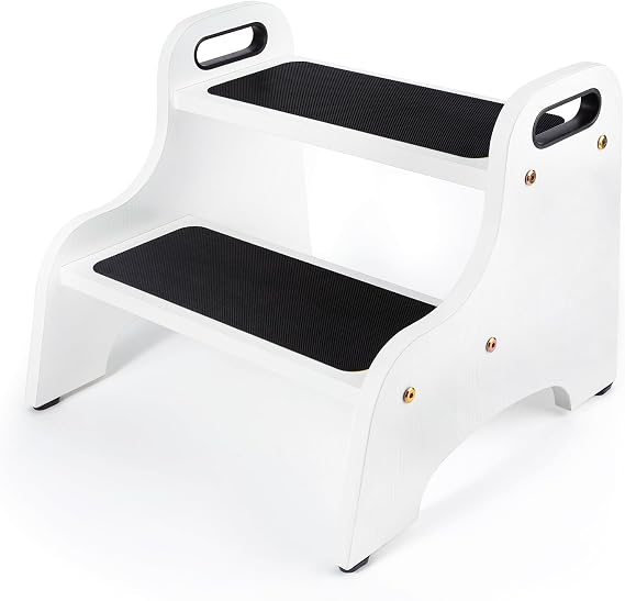 StrongTek Wood 2 Step Stool, White | Non-Slip Surface, Portable Handles, Skid Resistant Foot Pads, 350 lb Capacity