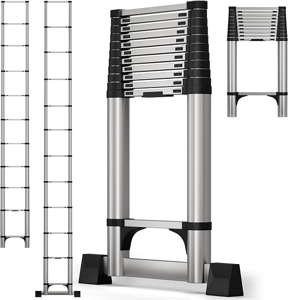 12.5FT Aluminum Telescoping Ladder, Lightweight Multi-Purpose Collapsible Extension with Locking Mechanism, Heavy Duty 330 lbs Max Capacity Collapsible Ladder for Home or RV Outdoor Work 39
