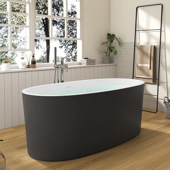 59" Lucite Acrylic Freestanding Bathtub, Columnar Shape Contemporary Soaking Tub with Toe-tap Chrome Center Drain, Slotted Overflow, cUPC Certified, 37Grey