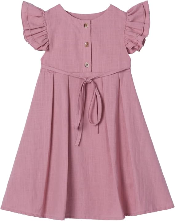 Little Girl's Flutter Sleeve Cotton-Linen Dress Toddler Kids Double Ruffles Casual Dresses