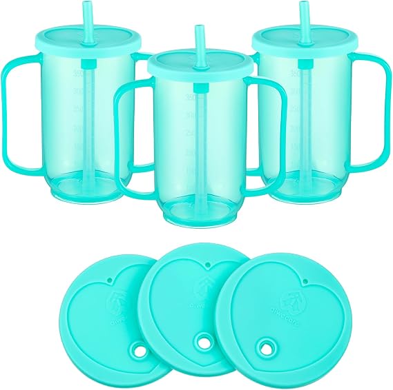 Sliner 3 Pcs Adults Sippy Cups for Elderly 12 oz Straw Sippy Cups with 2 Handles No Spill for Adults Spill Proof Dysphagia Cup for Disabled Patients Elderly Care (Blue)