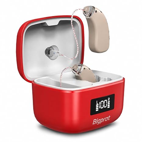 OTC Hearing Aids for Seniors,Nearly Invisible Rechargeable Hearing Aids, 100+ Hours of Charging Case Usage,Super-Mini Invisible Design, Comfort Fit in Ear Canal, AI Noise Cancellation and Clear Sound (Red)