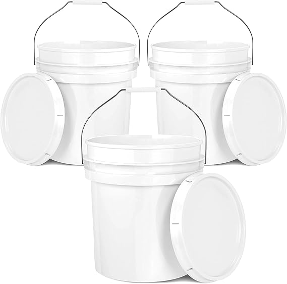 5-Gallon White Bucket Pail Container with Lid | Food Grade | Heavy-Duty Approx 90 MIL Extra Durable | Metal Handles with Plastic Grip | Multi-Use | Easy Stack and Store | BPA Free - 3 Pack