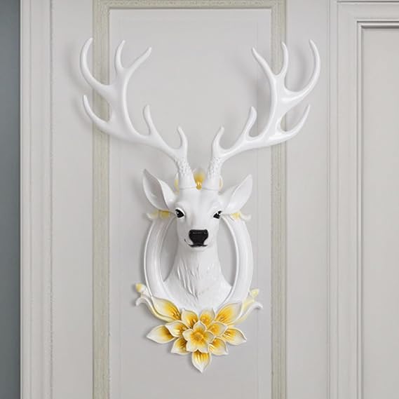CMYCYDDPLY Resin Deer Head Wall Mount, Animal Heads 3D Wall Decor, Deer Skull Mount with Detachable Antlers, Wall Sculptures for Home Bar Office(White)