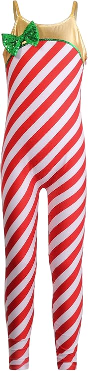 Kids Girls Xmas Candy Cane Jumpsuit Unitard Shiny Bowknot Striped Bodysuit Ballet Dance Leotard Biketard