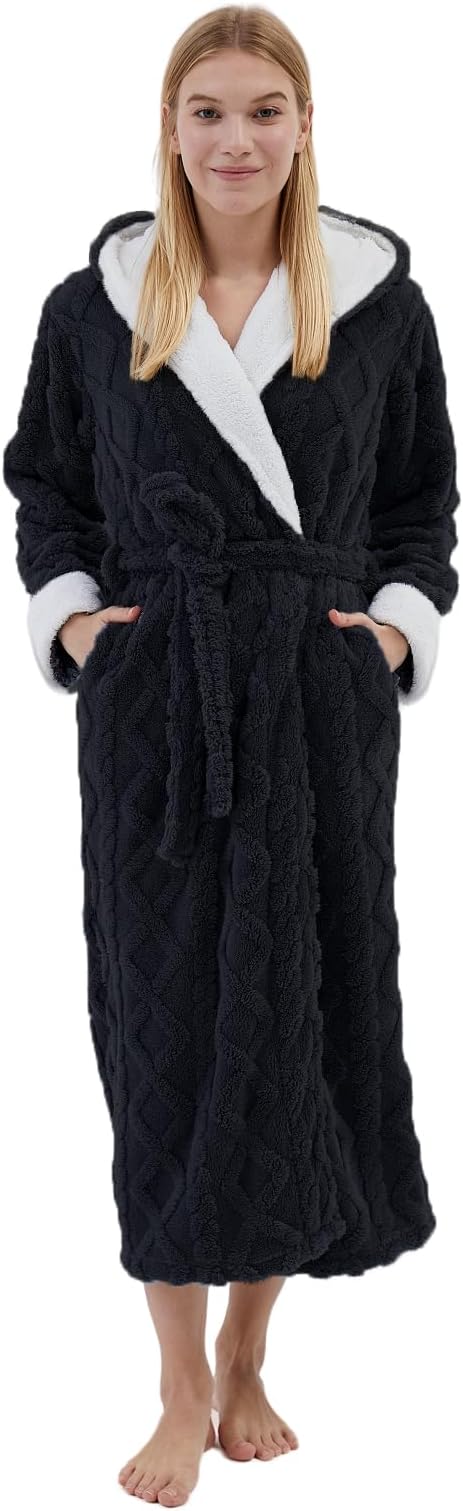 Hooded Robes for Women Long,Sherpa Trim Fleece Bathrobes With Hood Long Plush Soft Warm Winter Robes for Women