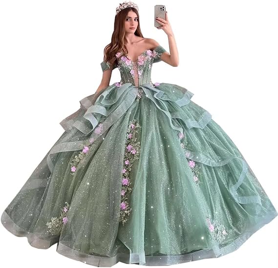 Mouccy Off Shoulder Quinceanera Dresses Lace Tulle Sweet 15 Dress