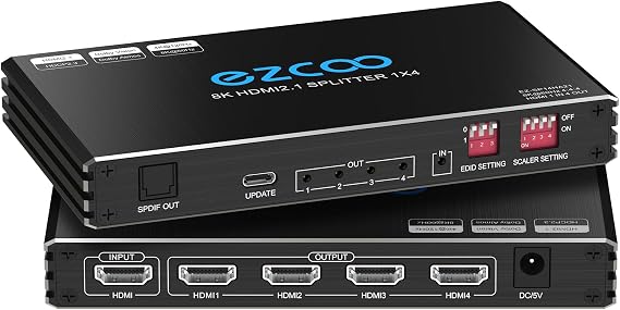 4K 120Hz HDMI 2.1 Splitter 1X4 Audio Extractor VRR ALLM HDCP2.3 HDR10+ SPDIF OpticalAudio EDID Scaler 4K 1080P HDMI Splitter 8K 1 IN 4 OUT Dual Monitors for PS5 Xbox NVIDIA AMD