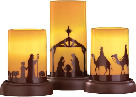 Collections Etc LED Flameless Christmas Nativity Scene Candles, Holiday Home Decor Accents - Set of 3