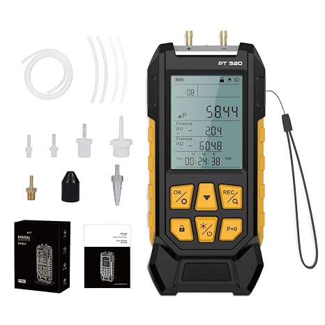 PT520 Digital Manometer, Dual-Port Differential Pressure Gauge | -100 to 200 kPa range, multi-unit display, 29-record memory, backlight and adapters for automotive and HVAC checks