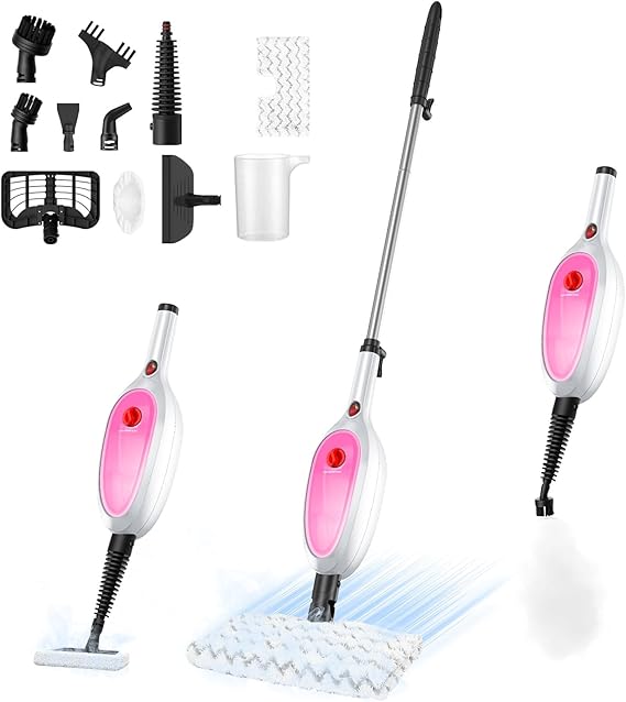 Steam Mop, Detachable Handheld Steam Cleaner with 10-in-1 Multipurpose Accessories, Two-sided Mop, Double Cleaning Area, Multi Surfaces Steamer for Wood Floor, Tile, Window, Clothes, Furniture & Grout