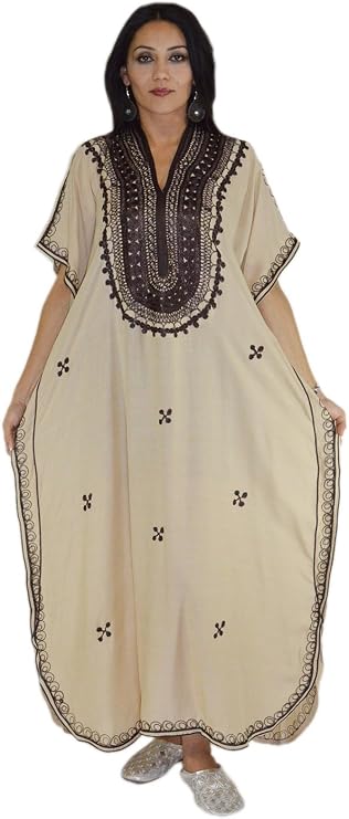 Moroccan Caftan Handmade With Brown hand Embroidery Long Length Beige