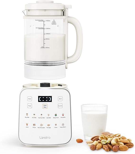 Livatro Nut Milk Maker Machine,12-in-1 Automatic Soy Milk Maker with Detachable Design, Homemade Juice,Almond,Oat Milks for Plant-Based Milks, 24H Delay Start/Keep Warm/Auto-Clean/Safety Lock