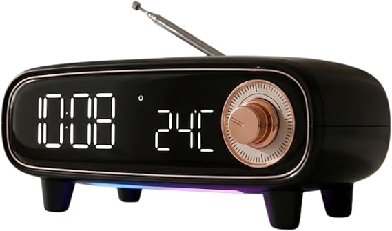 DX-98 Retro Bluetooth Hoparlör FM Radyo Dijital Çalar Saat (Siyah) | RGB Ambiyans Işığı, Termometre Özellikli, Bluetooth 5.0, Çift Alarm, 18x11.5x6.5 cm