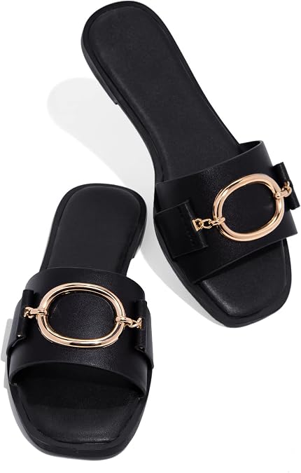 Coutgo Womens Square Toe Dressy Summer Slide Sandals Flat Low Heel Big Metal Chain Slip On Party Slippers Shoes