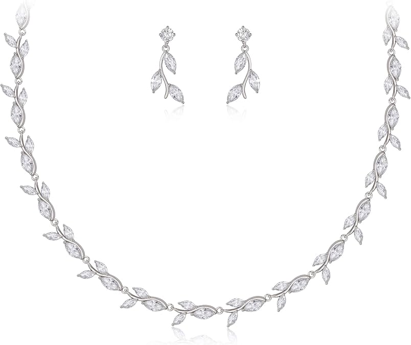 EleQueen Women's Wedding Cubic Zirconia Elegant Leaf Design Necklace Dangle Earrings, Bridal Jewelry Sets for Party Prom