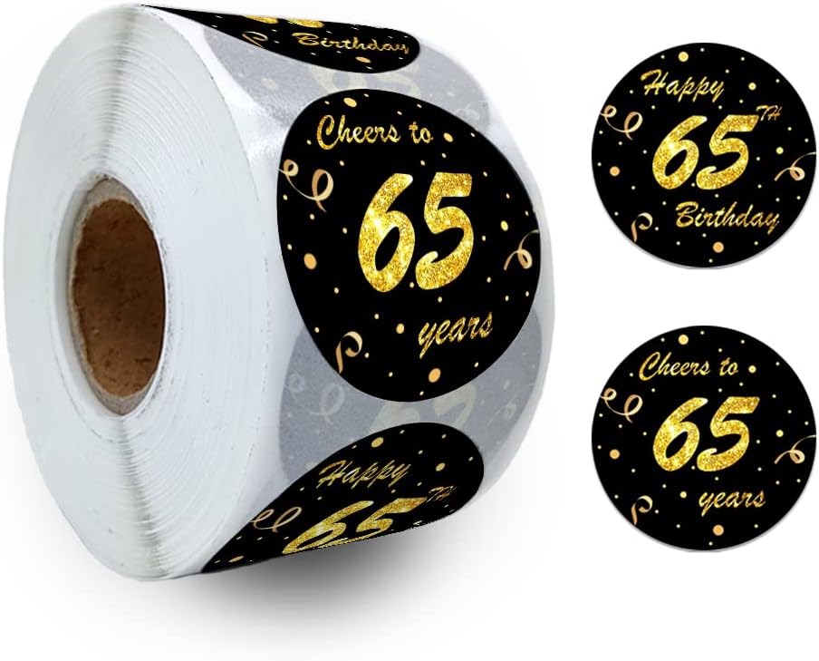 REWIDPARTY Black Gold 65th Birthday Stickers 500 Per Roll, Waterproof, Adhesive, Round, Classic Style, Perfect for Party Decorations