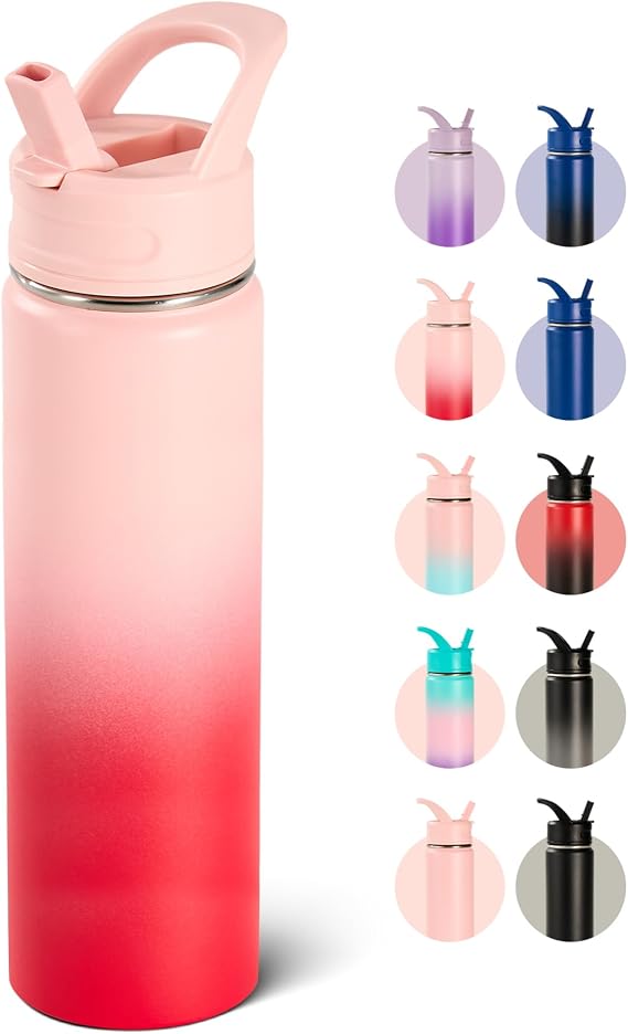 Fijinhom 24oz Insulated Stainless Steel Water Bottle with Straws, Double Wall Vacuum Insulated Bottles, Metal Thermo for Travel, Sports, Leak-Proof, BPA Free, Women & Men, Pink Gradient