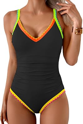 One Piece Swimsuit for Women Tummy Control Color Block Bathing Suit V Neck Shell Stitched Tie Back Swimwear