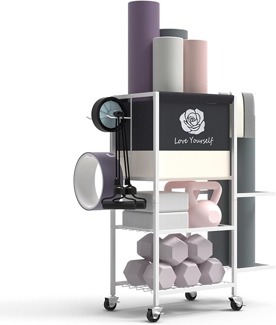 Multi-Functional Home Gym Storage Rack,All-in-One Weight Rack,Yoga Mat Foam Rollder Holder with Wheels and Side Holder