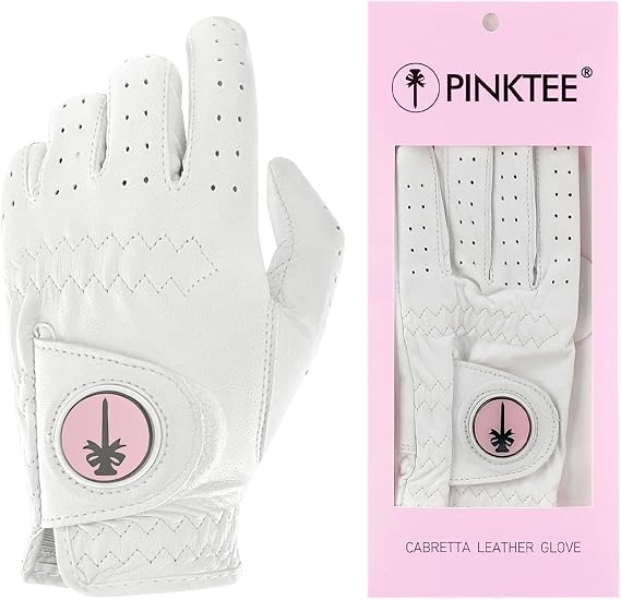 PINKTEE Women's Golf Glove Left Hand Ladies Pink Cabretta Leather Golf Gloves with Removable Magnetic Ball Marker Full Finger