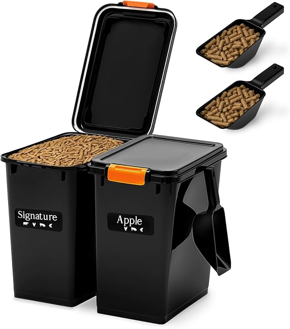 Maxdot 2 Sets 22lb Dry Pellet Storage Bin Pack with Scoops and Labels Grill Accessories Wood Pellet Storage Containers with Flavor Stickers Airtight for Grill Pellets