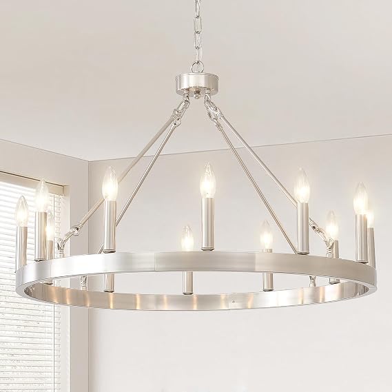 32" Silver Wagon Wheel Chandelier, 12-Light Farmhouse Brushed Nickel Wagon Wheel Chandelier for Dining Room, Modern Round Candle Chandeliers Light Fixture for Living Room, Foyer, Entryway, E12