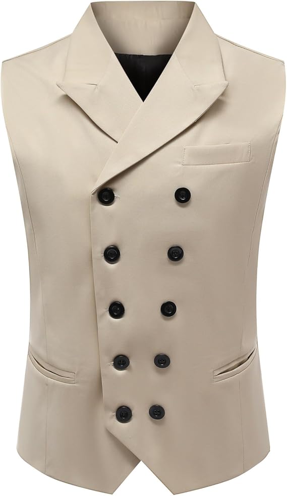 Boyland Men's Double Breasted Business Wedding Vests Dress Waistcoat 10 Buttons Closure V-Neck Suit Vest Slim Fit Plus Size