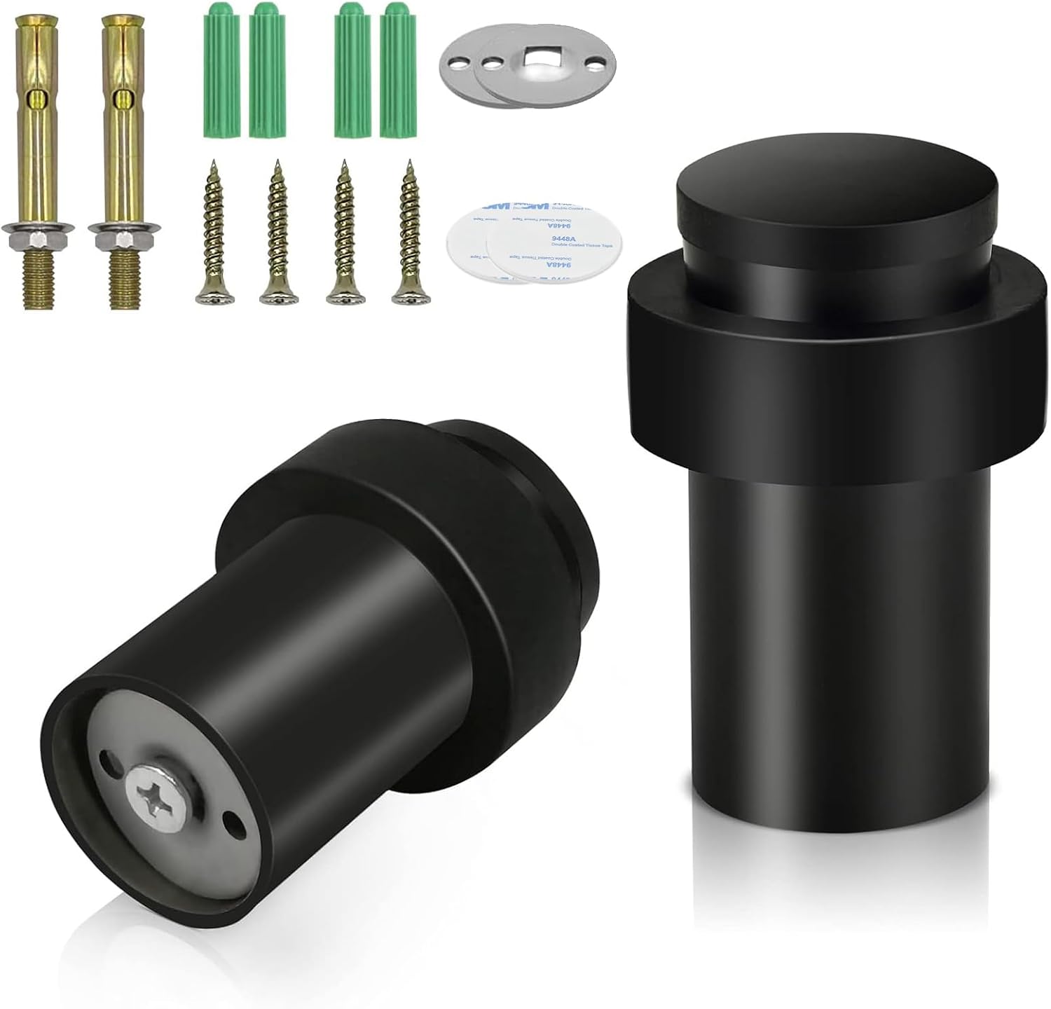 Door Stop, 2 Pack Door Stoppers for Floor Black Heavy Duty Doorstop Stainless Steel Door Holder with Rubber Bumper Included Screws and Dowels 30 x 60mm