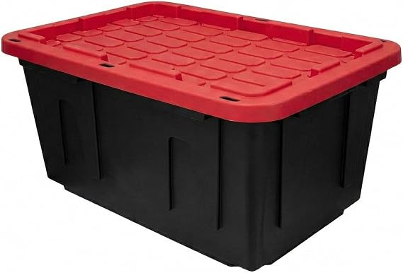 27 Gallon Heavy Duty Storage Tote with Lid, Stackable & Nestable Plastic Storage Bin for Garage, Large Tote Box Organizing Container, Black Red (1)