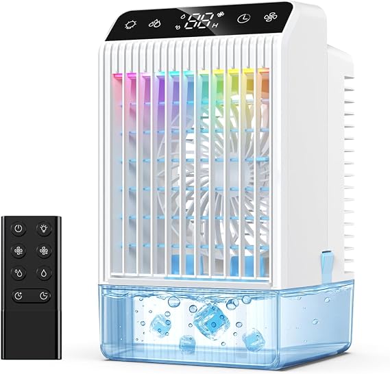Portable Air Conditioners, Personal Evaporative Air Cooler With 1000ML Water Tank, 2 Spray Ports & 4 Wind Speeds, 2/4/6/8/12H Timer, 7 Color Light, Portable Ac Units for Room Bedroom Office Camping