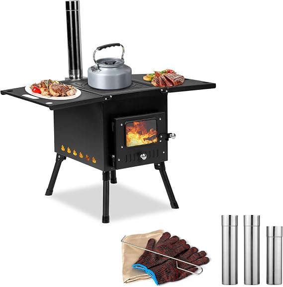 Portable Camping Wood Stove, Stainless Chimney Pipes | Outdoor Tent Wood Burning, With Stove Jack And Gloves, For Cooking And Heating, 1-2 People Use
