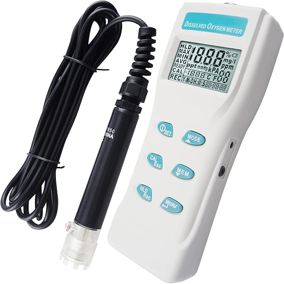 Dissolved Oxygen Meter, Dissolved Oxygen Tester with 11.48 ft Cable, DO meter with ATC/Temp/Manually Salt/99 Memory/Data Hold, Dissolved Oxygen Test Kit for Aquarium, Fish Tank(With IRDA Port)